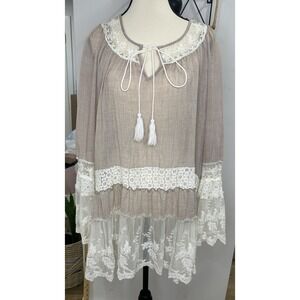 Tunic Size S/M Embroidered Lace Long Cover up Boho Beach Sheer Hippie Light Brow